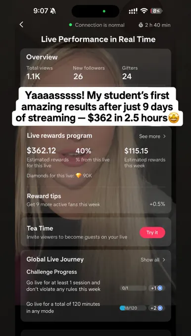 Student result: $362 earned in 2.5 hours after 9 days of streaming