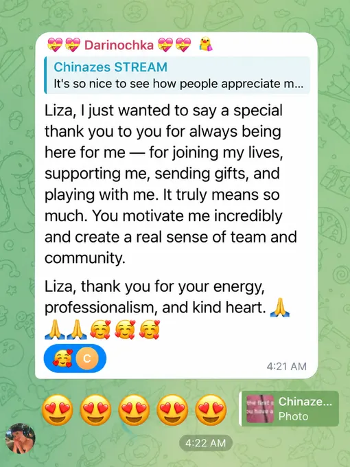 Telegram message from a viewer thanking Eliza for her support and community